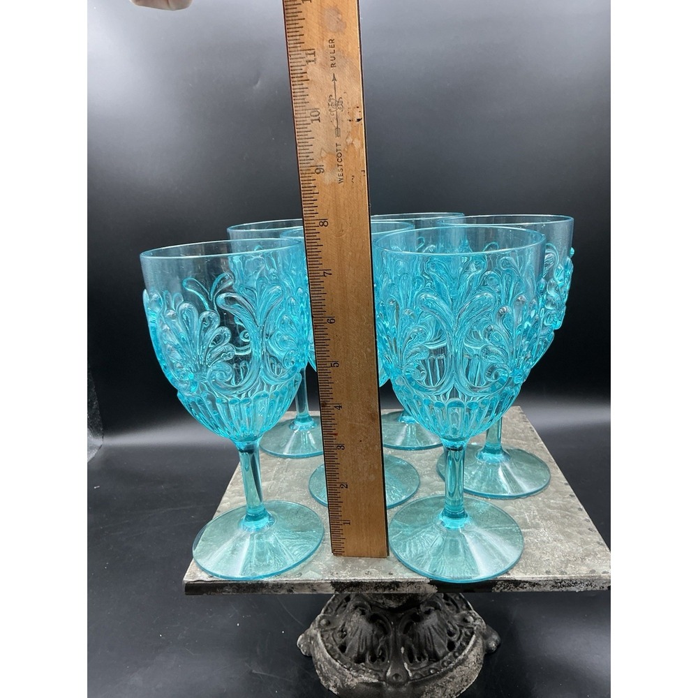 Set of 6 Le Cadeaux Outdoor Plastic Goblets Wine Glasses Fleur Teal Turquoise - Picture 3 of 9